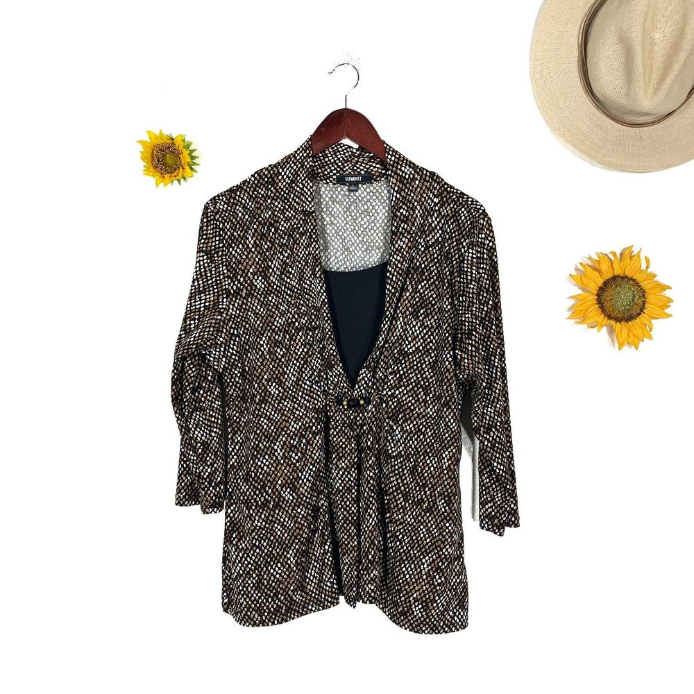 Elements Large Blouse Black Brown Layered Spots Stretchy 3/4 Sleeve Top